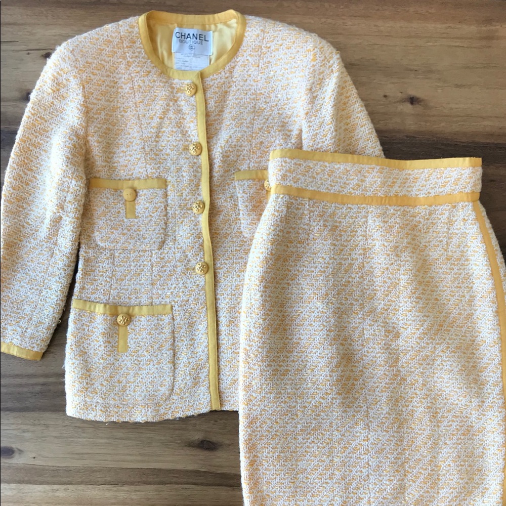SOLD! Vintage 1980s Chanel Yellow Tweed Suit